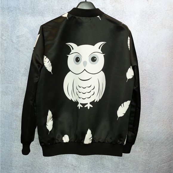 Unisex Costum Boutique Black and White Owl Print satin bomber Jacket - Picture 2 of 2